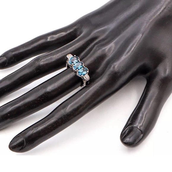 Blue Spinel Hoop Earrings & Ring Set Sz 8 Electroplated Rhodium Sterling Silver - Picture 9 of 17